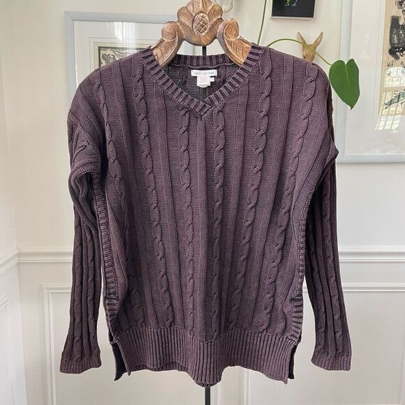 Carbon 2 Cobalt Cable Knit Vneck Sweater Mineral Wash Brown S - Picture 1 of 6